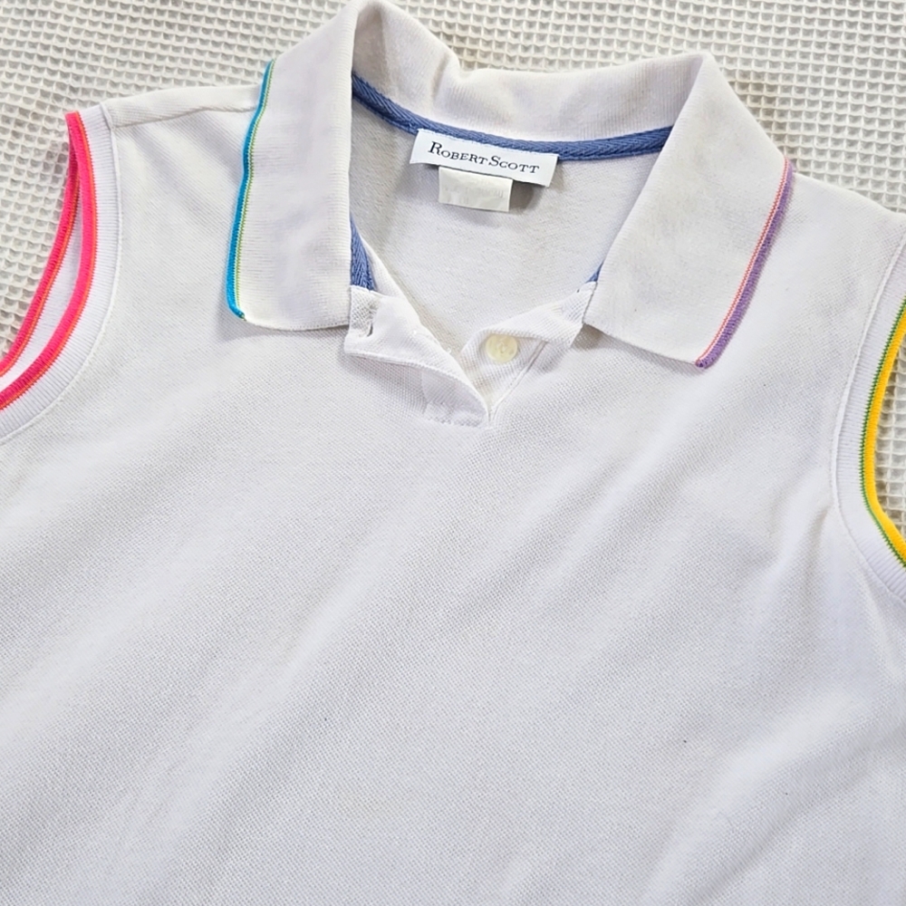 Vtg White sleeveless Polo w/ Colorful Trim